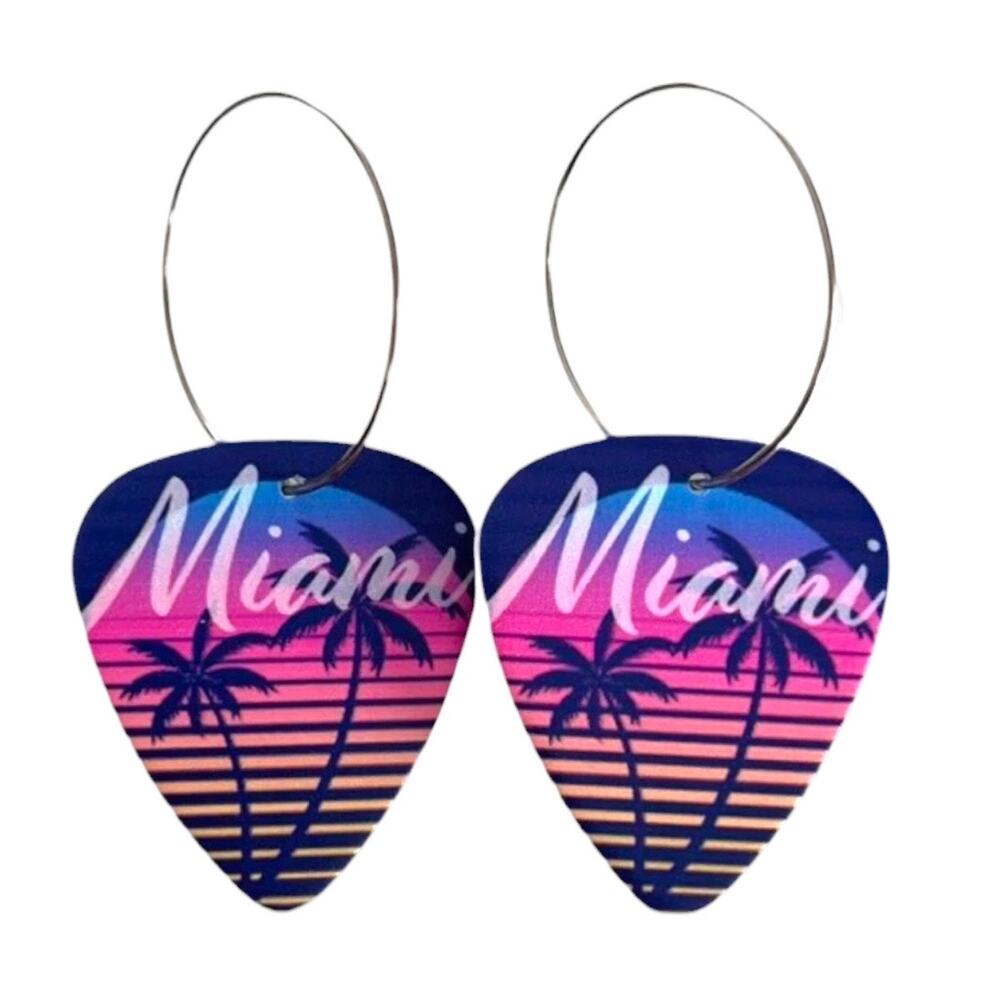 NWT Miami Striped Palm Tree Single Guitar Pick 25mm Hoop Festival Earrings